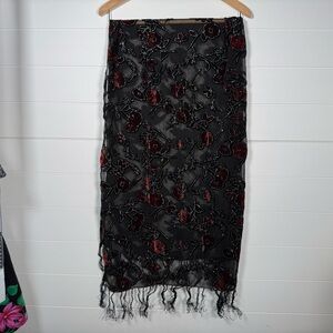 Elegant Sheer Black and Red Floral Scarf Wrap 20 X 66